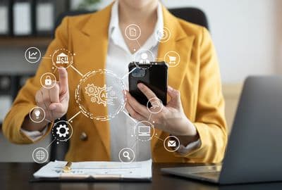 Digital transformation technology strategy, woman using laptop, tablet and smartphone with of things. transformation of ideas and the adoption.